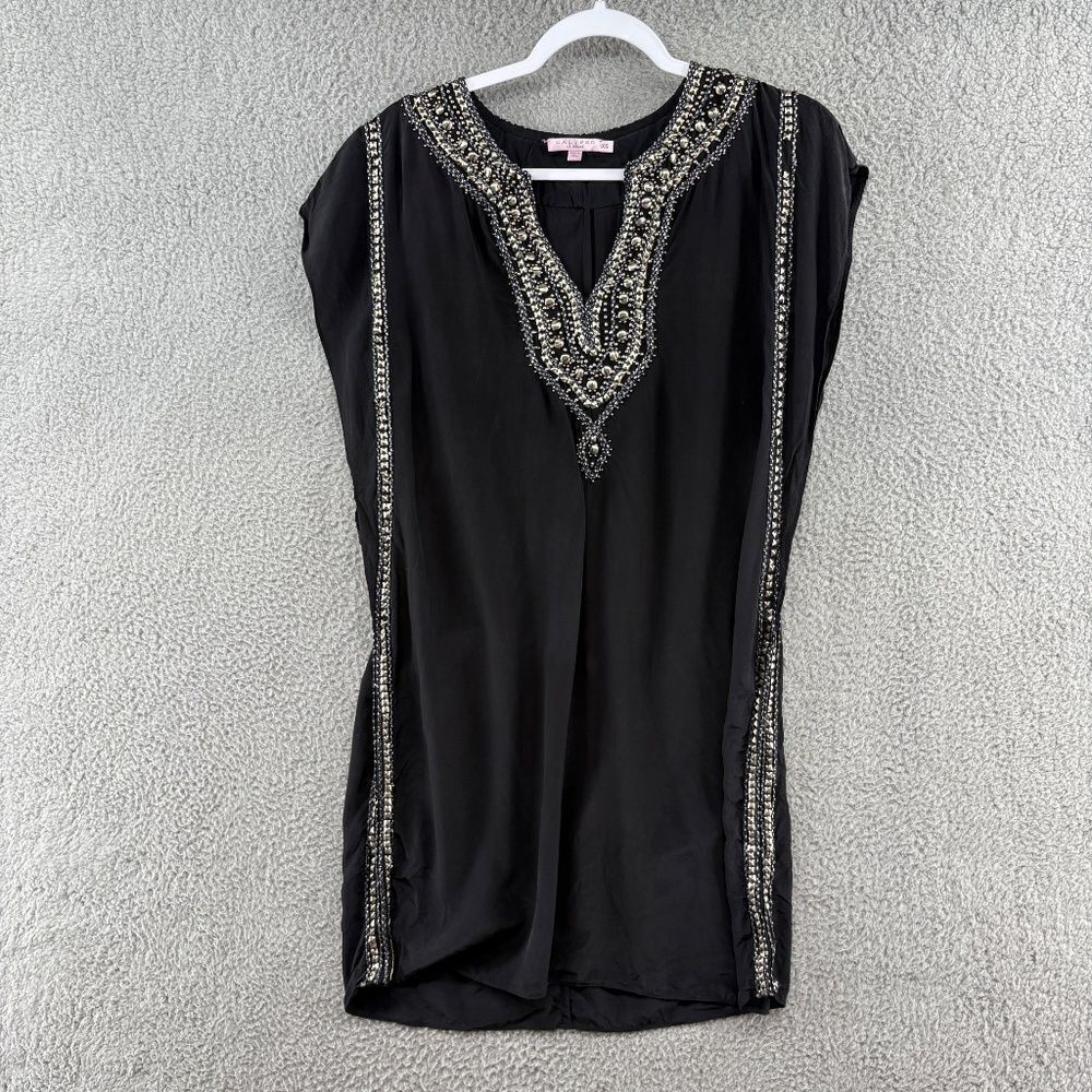 Calypso St. Barth Black 100% Silk Embellished Tunic Dress Top XS Boho Luxe